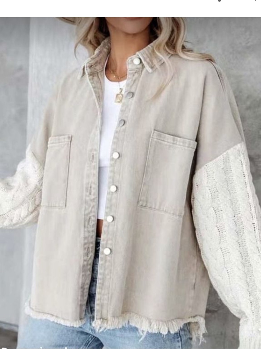 POL Womens Beige Button-Front Jacket with Cable-Knit Sleeves size S oversized